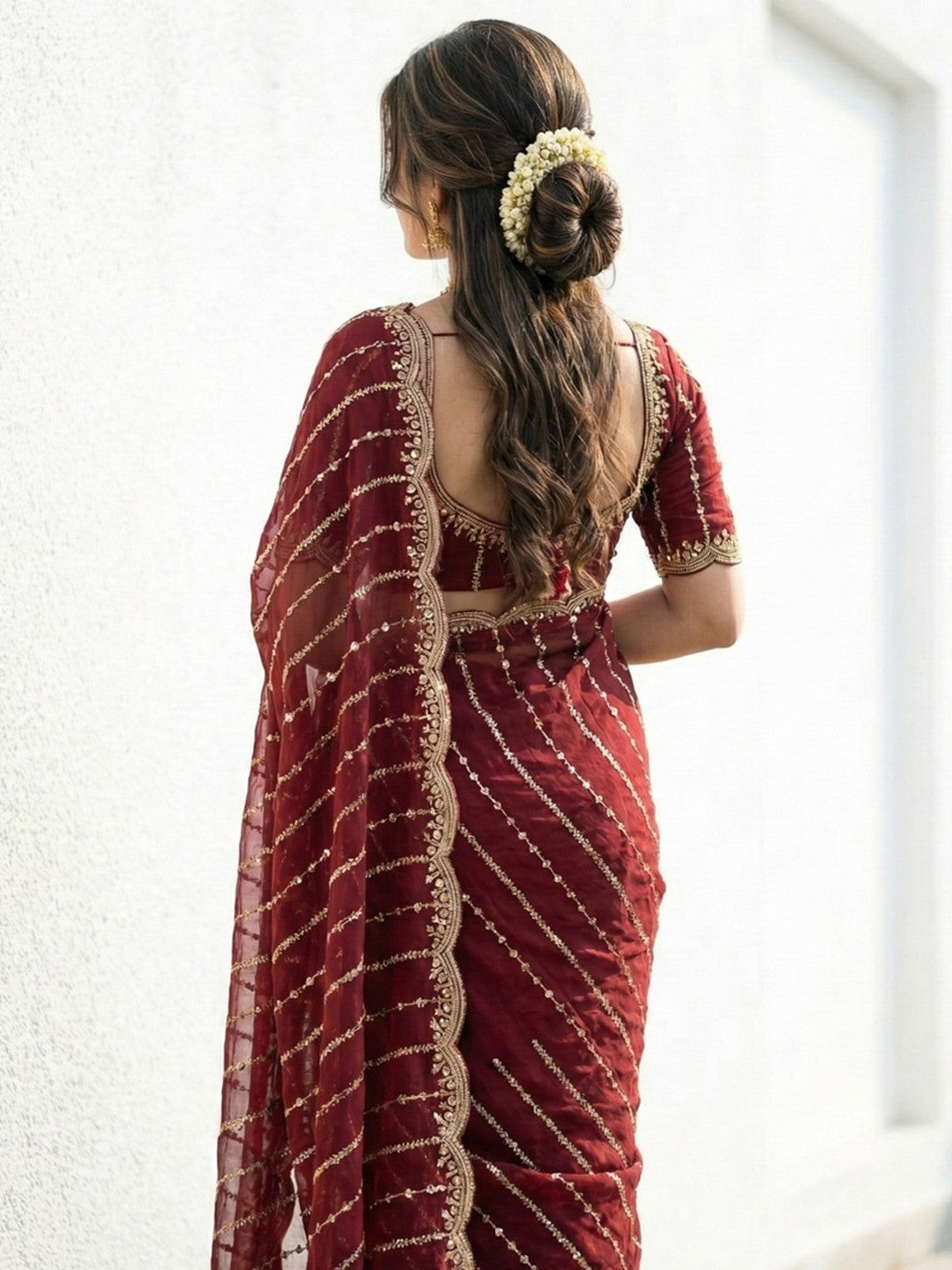 Peachmode Maroon Sequin Embroidered Dual Shade Satin Saree - Image 3