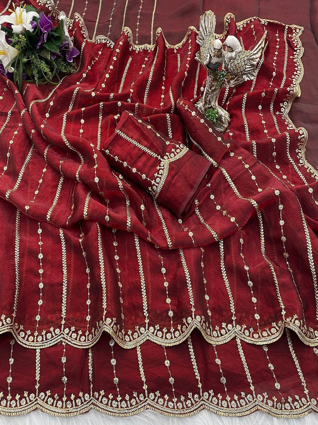 Peachmode Maroon Sequin Embroidered Dual Shade Satin Saree - Image 5