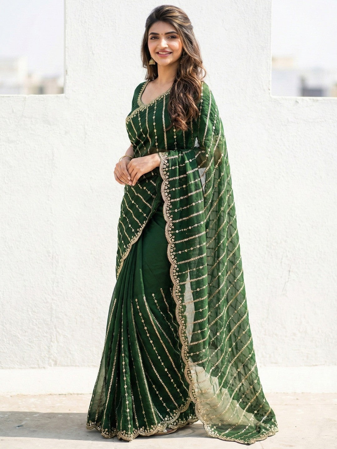 Peachmode Green Sequin Embroidered Dual Shade Satin Saree - Image 1