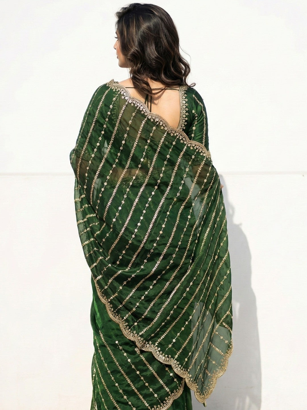 Peachmode Green Sequin Embroidered Dual Shade Satin Saree - Image 3