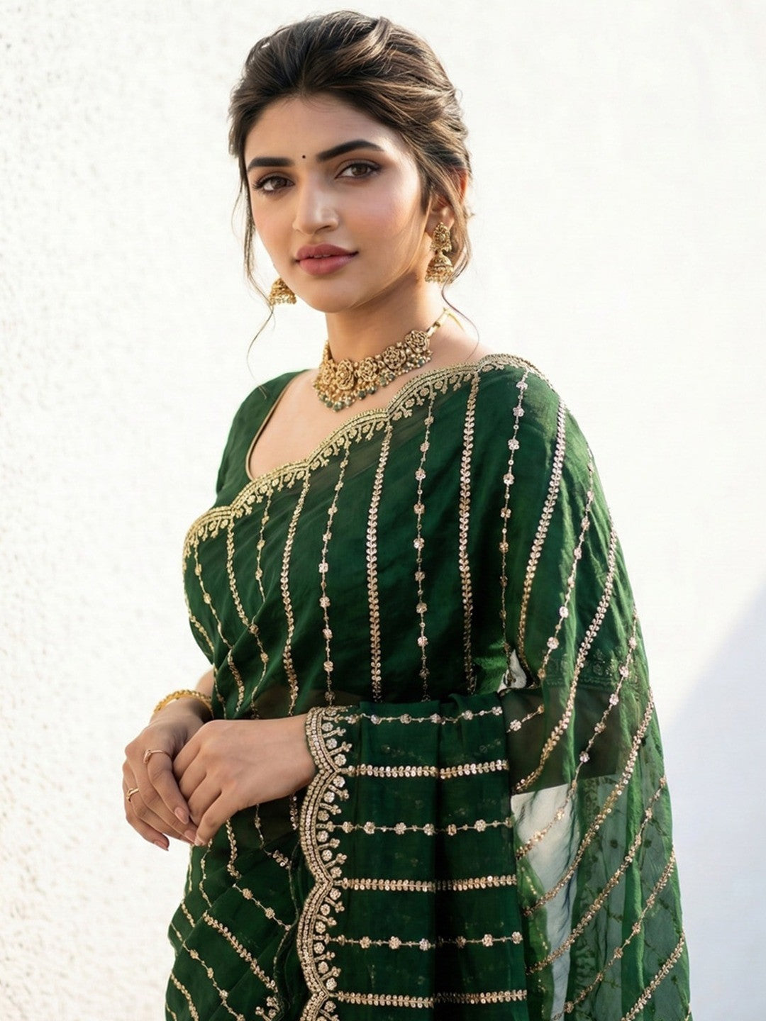 Peachmode Green Sequin Embroidered Dual Shade Satin Saree - Image 4