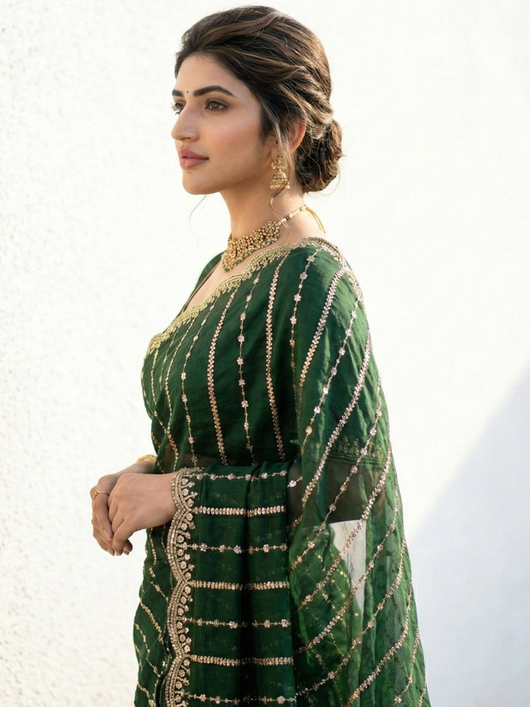 Peachmode Green Sequin Embroidered Dual Shade Satin Saree - Image 5