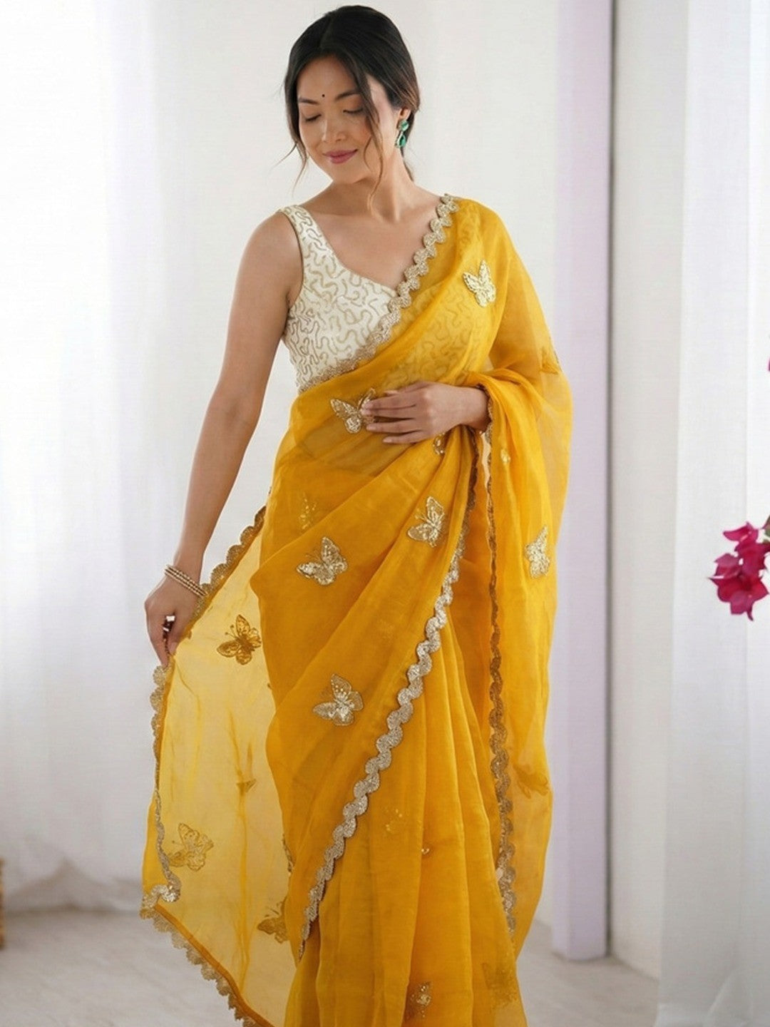 Peachmode Yellow Butterfly Sequin Embroidered Dual Shade Satin Saree - Image 1
