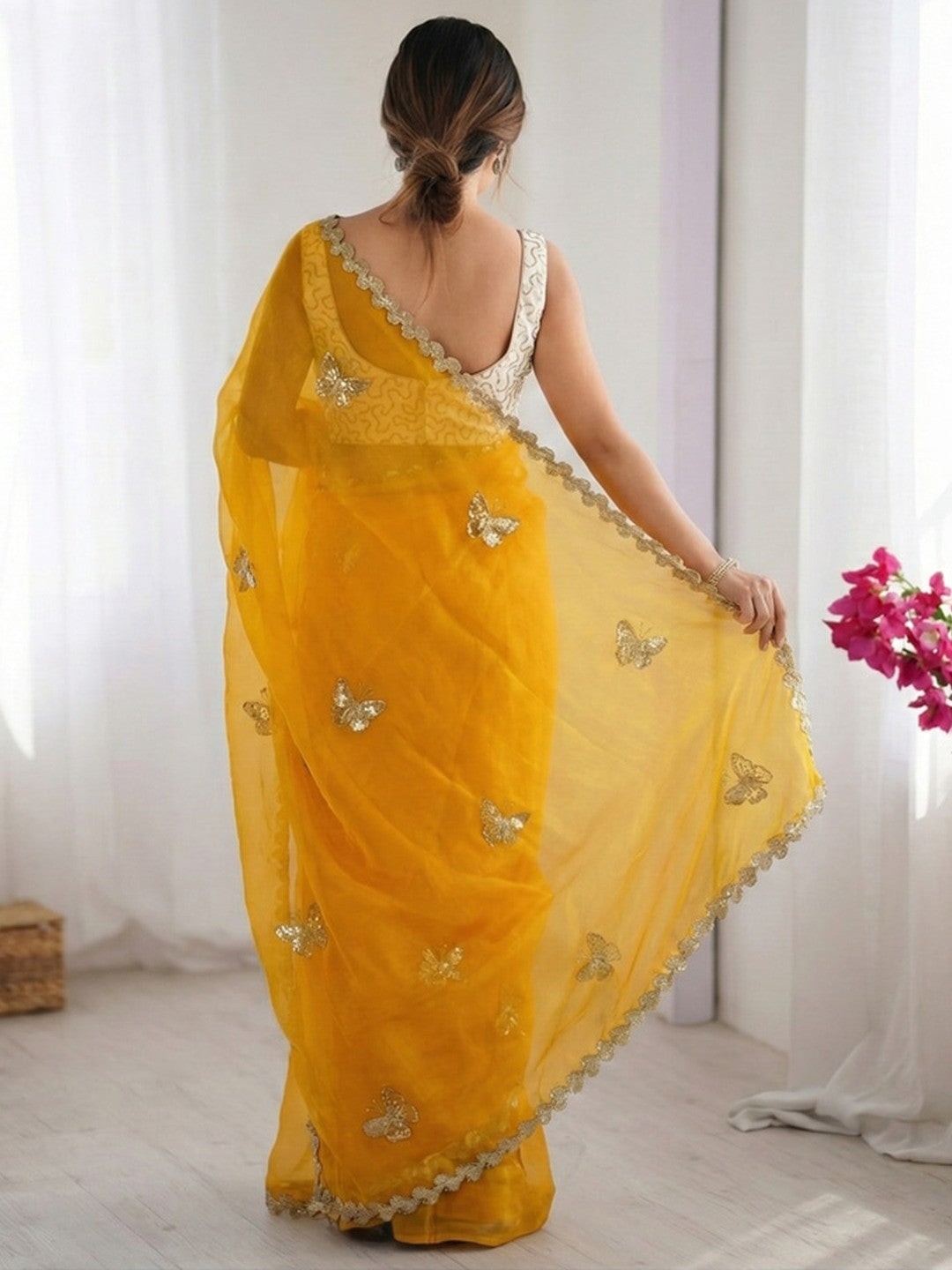 Peachmode Yellow Butterfly Sequin Embroidered Dual Shade Satin Saree - Image 2