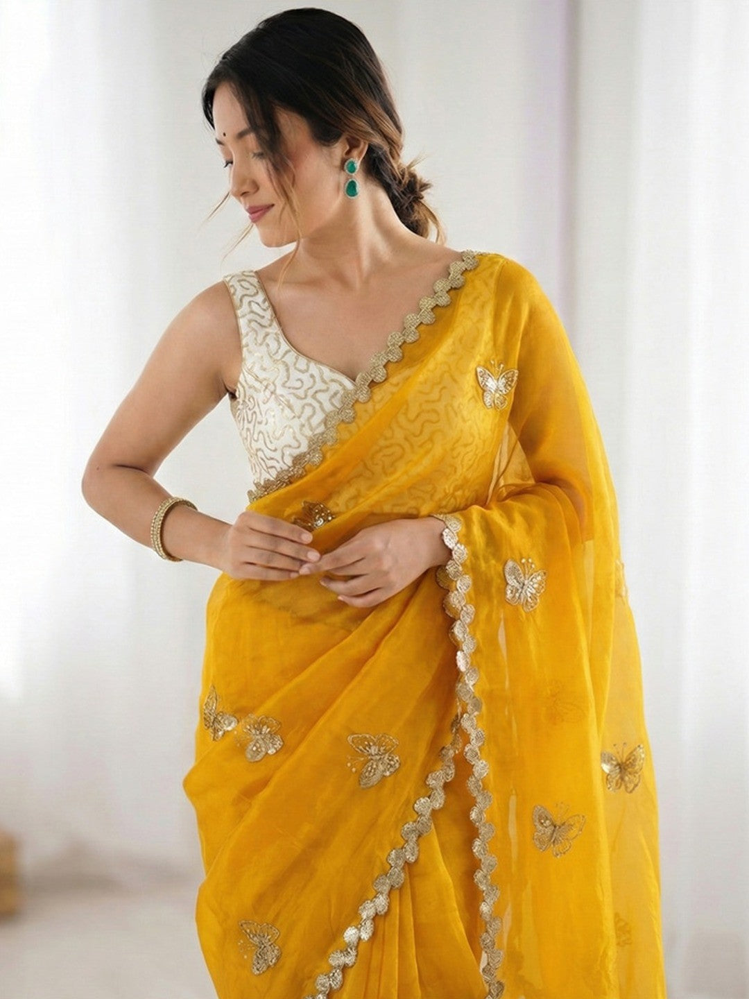 Peachmode Yellow Butterfly Sequin Embroidered Dual Shade Satin Saree - Image 4