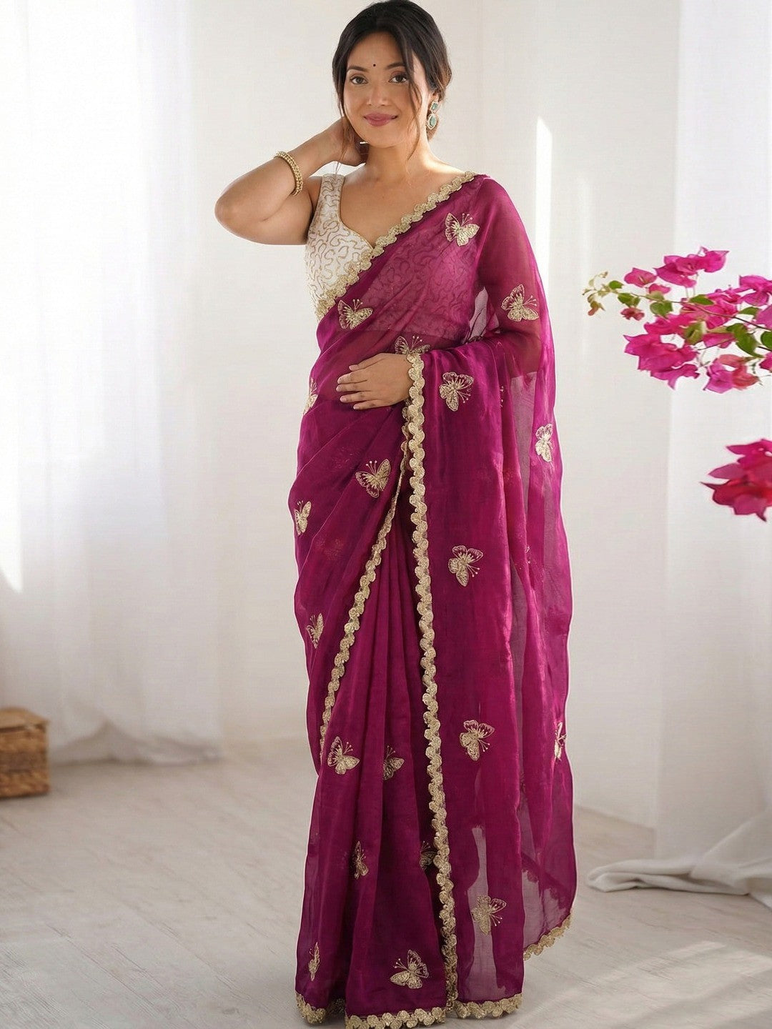 Peachmode Wine Butterfly Sequin Embroidered Dual Shade Satin Saree - Image 1