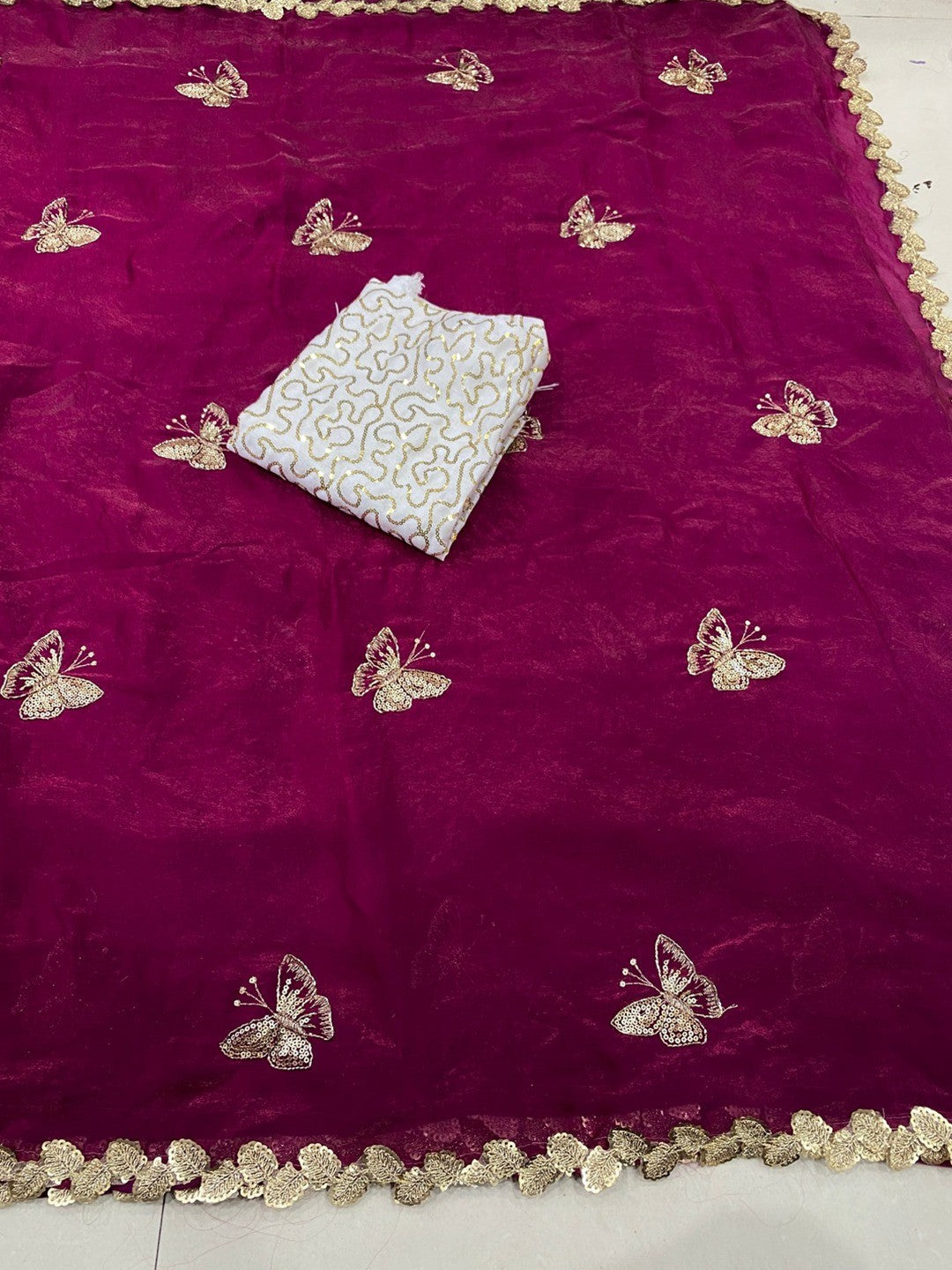 Peachmode Wine Butterfly Sequin Embroidered Dual Shade Satin Saree - Image 5