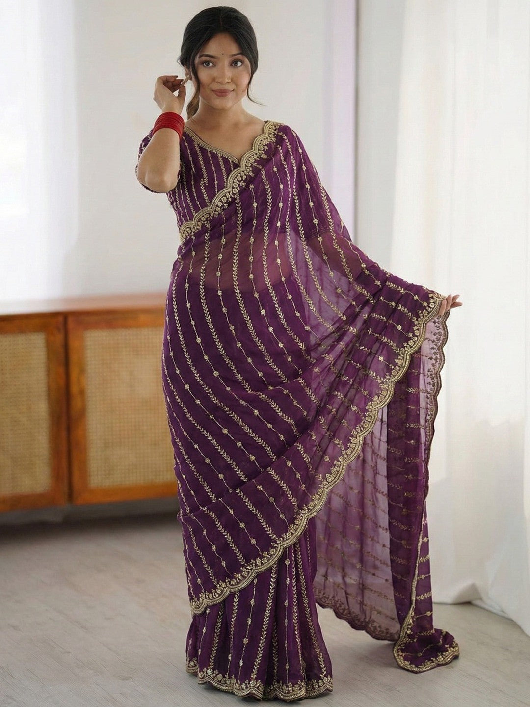 Peachmode Wine Sequin Embroidered Dual Shade Satin Saree - Image 1
