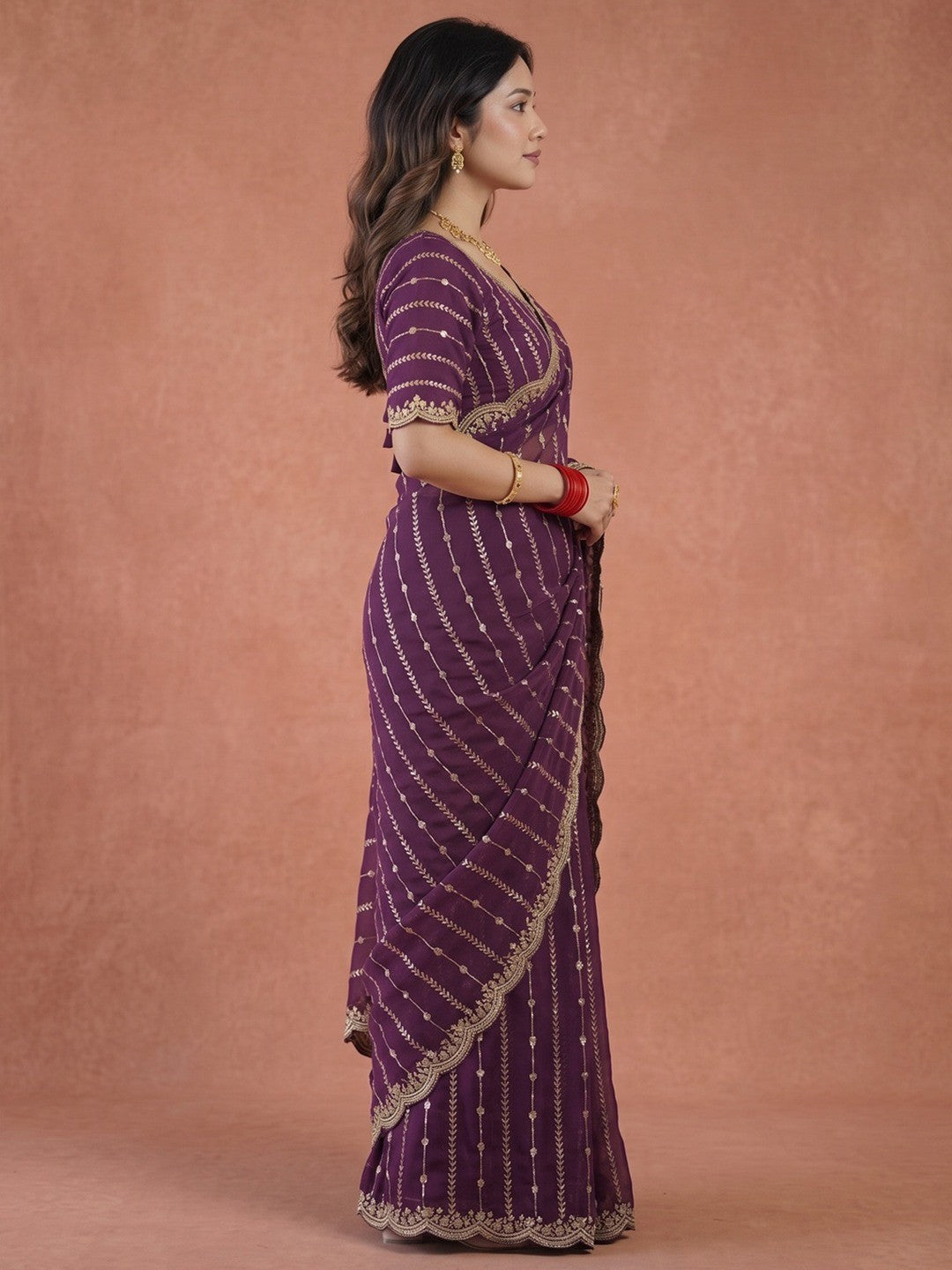 Peachmode Wine Sequin Embroidered Dual Shade Satin Saree - Image 3