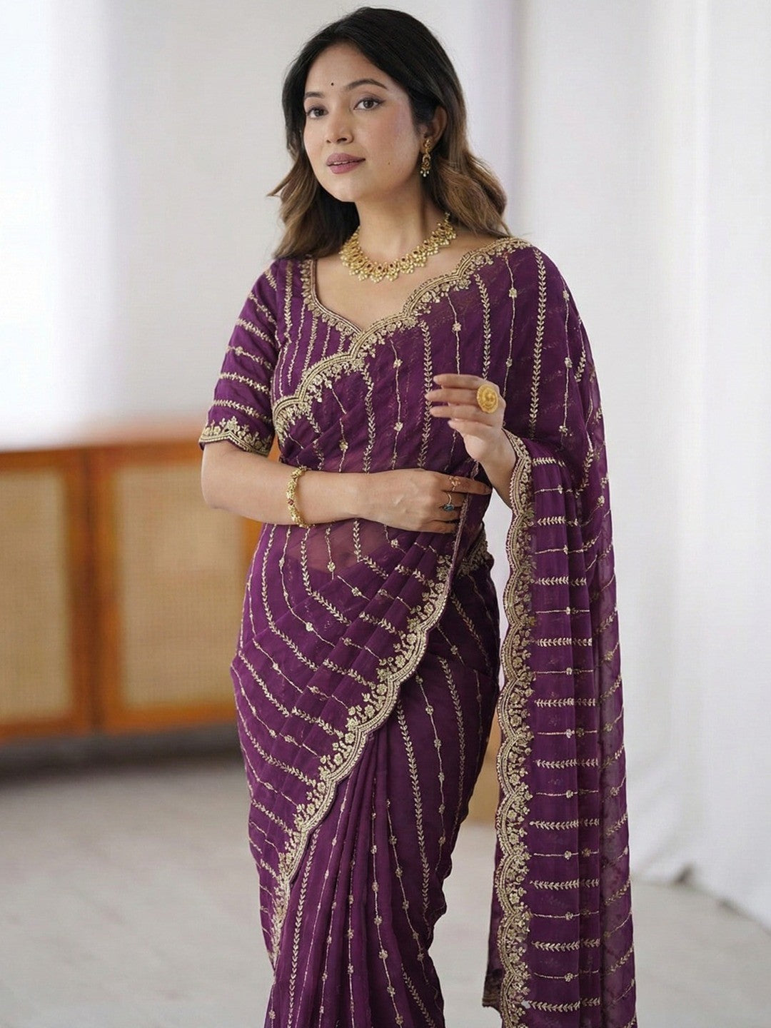 Peachmode Wine Sequin Embroidered Dual Shade Satin Saree - Image 4