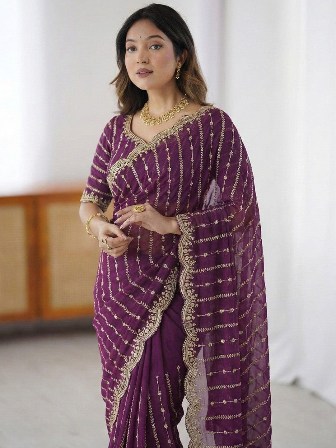Peachmode Wine Sequin Embroidered Dual Shade Satin Saree - Image 5
