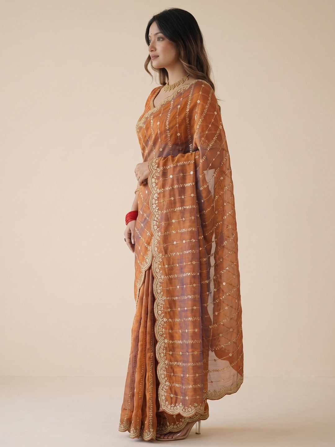 Peachmode Rust Sequin Embroidered Dual Shade Satin Saree - Image 2