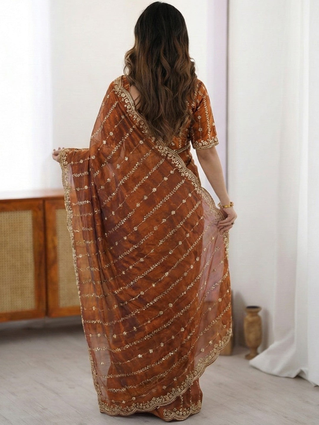 Peachmode Rust Sequin Embroidered Dual Shade Satin Saree - Image 3
