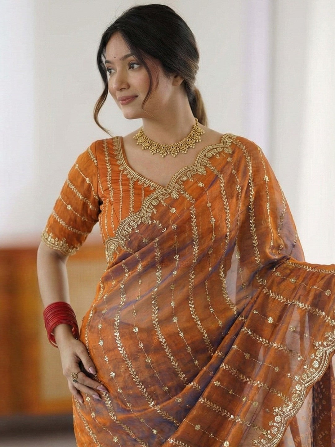 Peachmode Rust Sequin Embroidered Dual Shade Satin Saree - Image 4