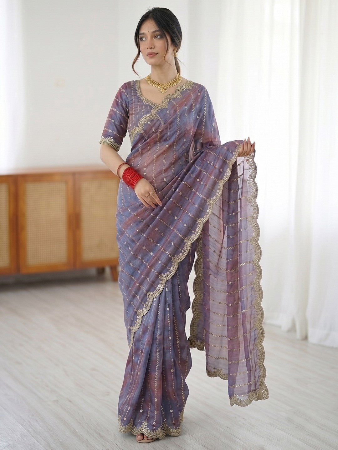 Peachmode Purple Sequin Embroidered Dual Shade Satin Saree - Image 1