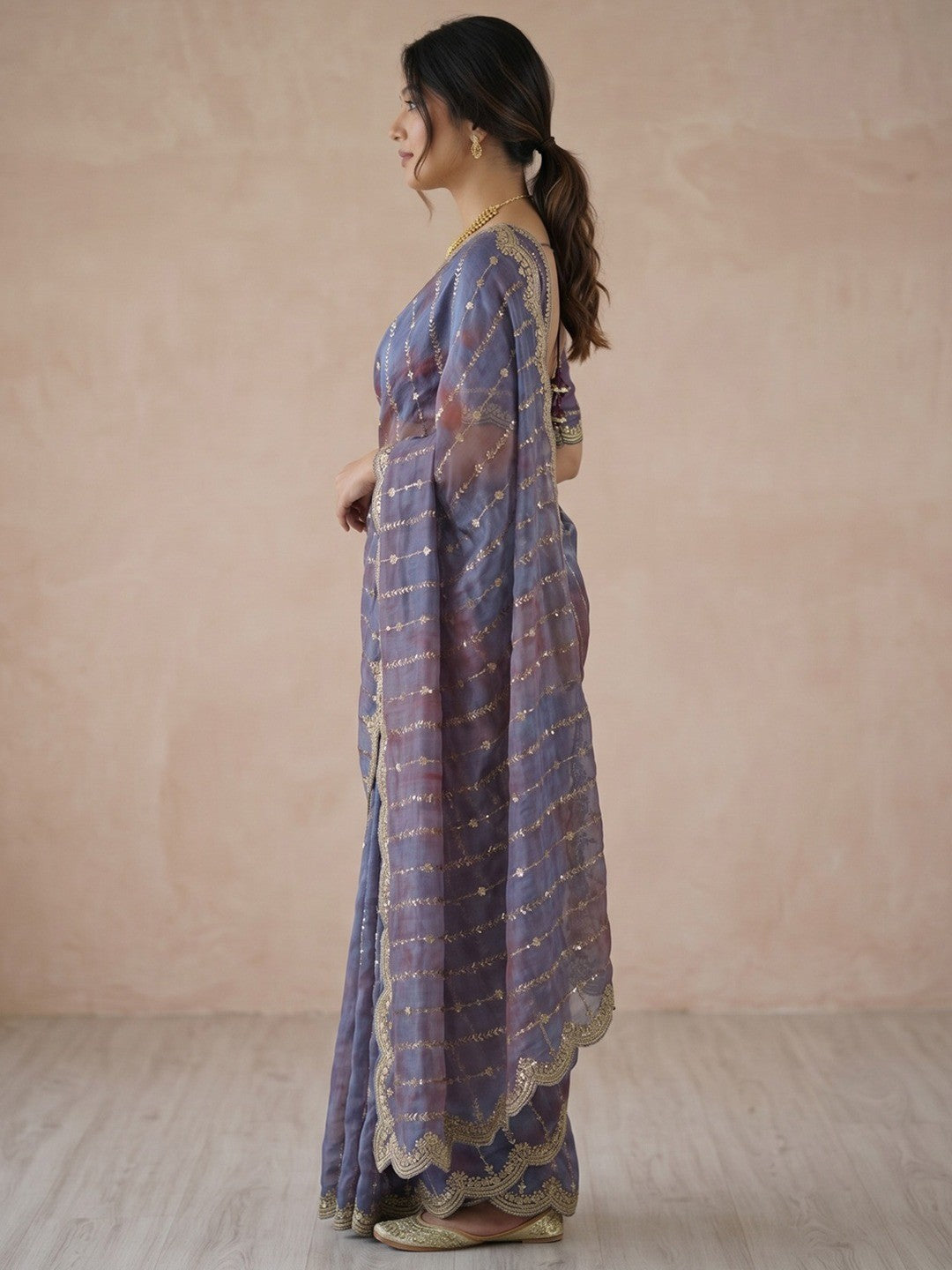 Peachmode Purple Sequin Embroidered Dual Shade Satin Saree - Image 2