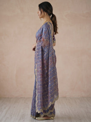 Peachmode Purple Sequin Embroidered Dual Shade Satin Saree - Image 2