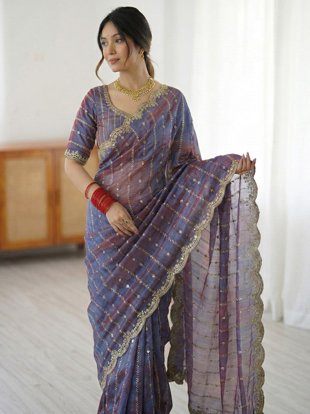 Peachmode Purple Sequin Embroidered Dual Shade Satin Saree - Image 4