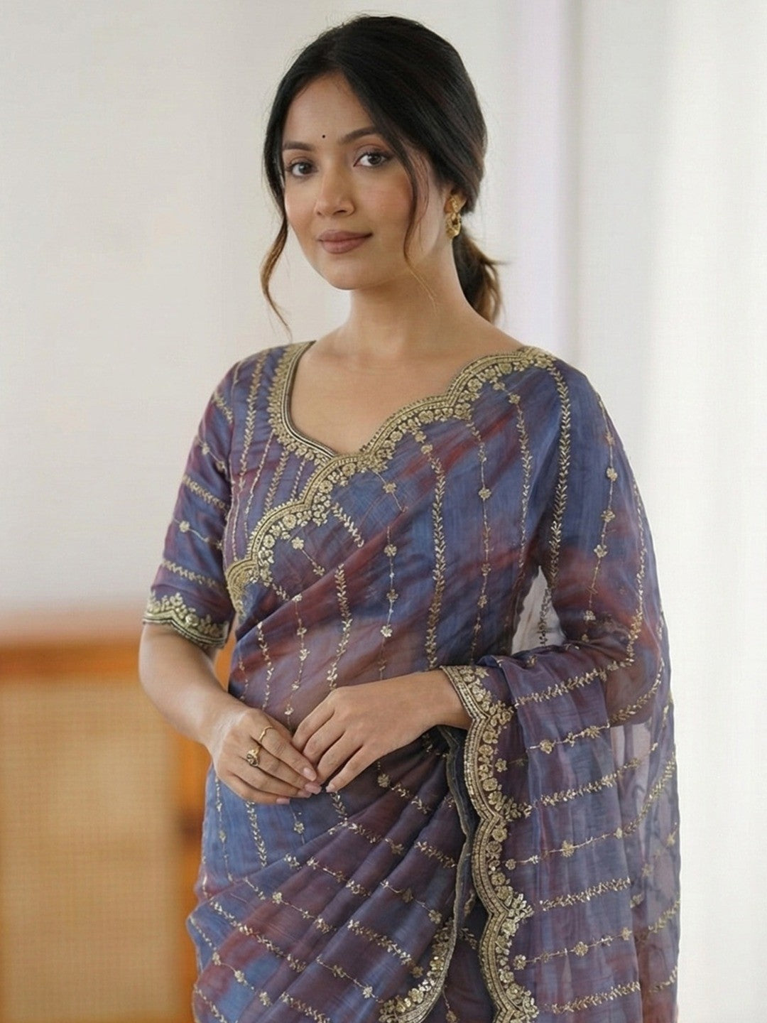 Peachmode Purple Sequin Embroidered Dual Shade Satin Saree - Image 6