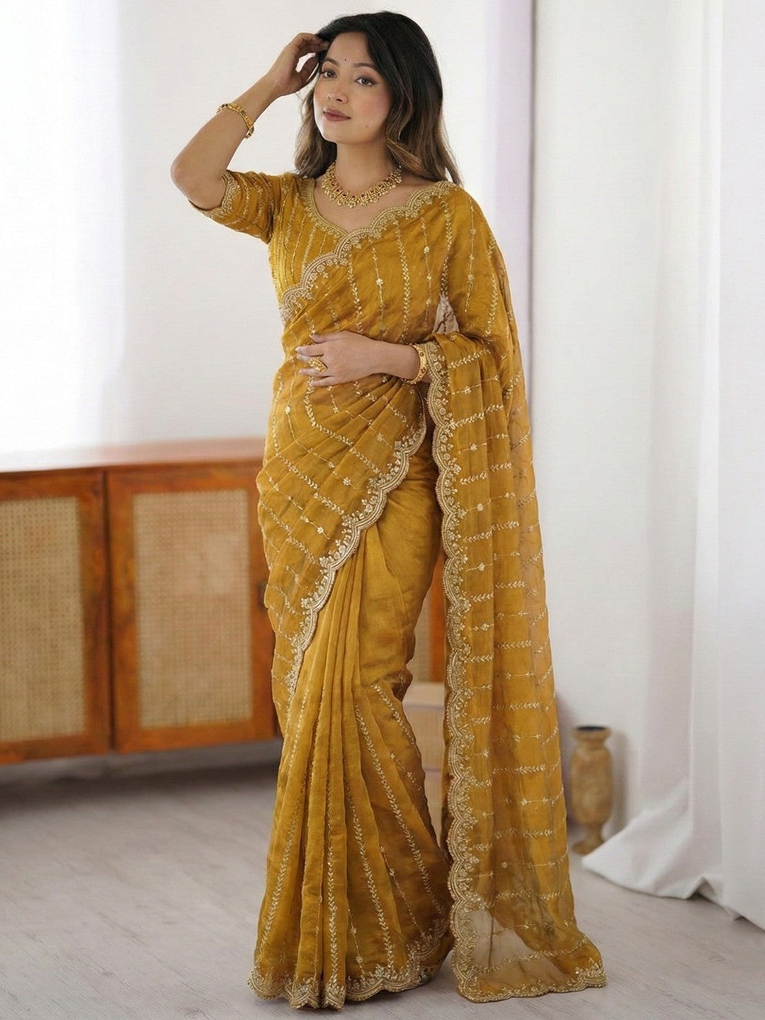 Peachmode Mustard Sequin Embroidered Dual Shade Satin Saree - Image 1