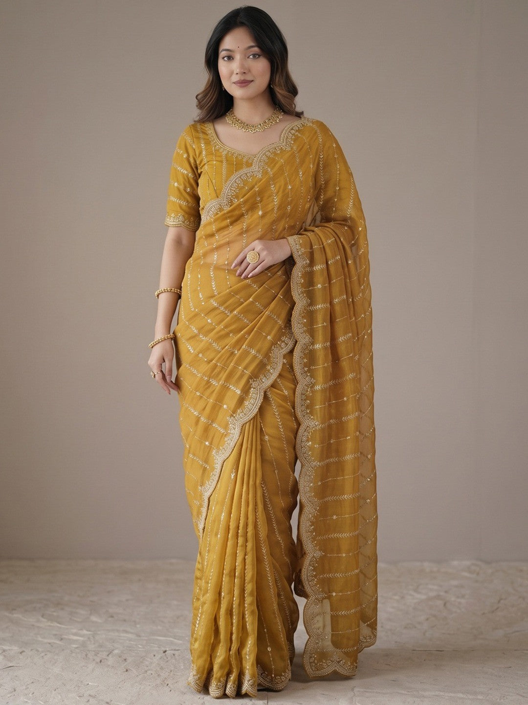 Peachmode Mustard Sequin Embroidered Dual Shade Satin Saree - Image 2