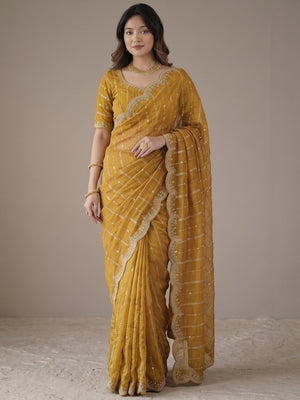 Peachmode Mustard Sequin Embroidered Dual Shade Satin Saree - Image 2