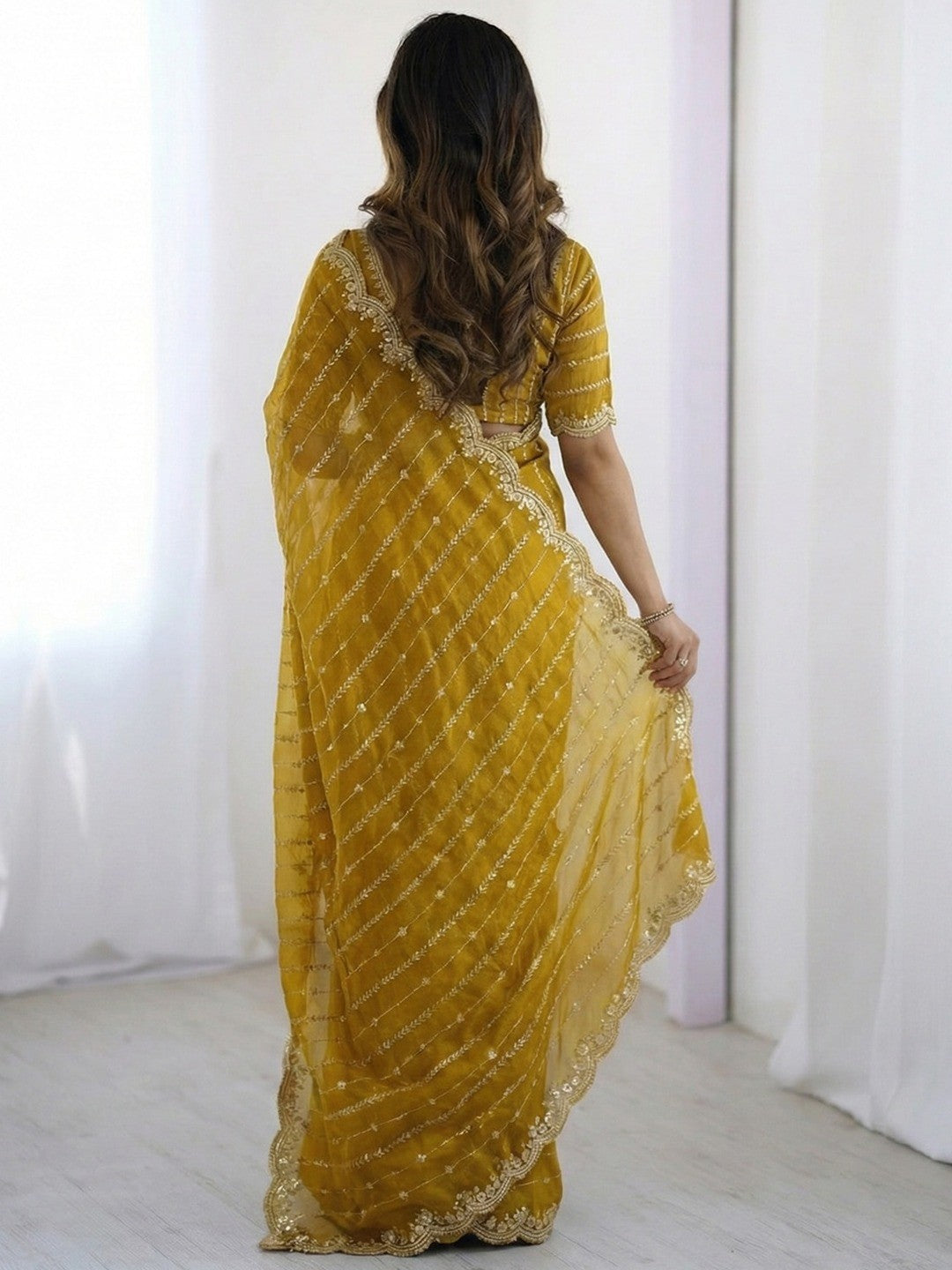 Peachmode Mustard Sequin Embroidered Dual Shade Satin Saree - Image 3