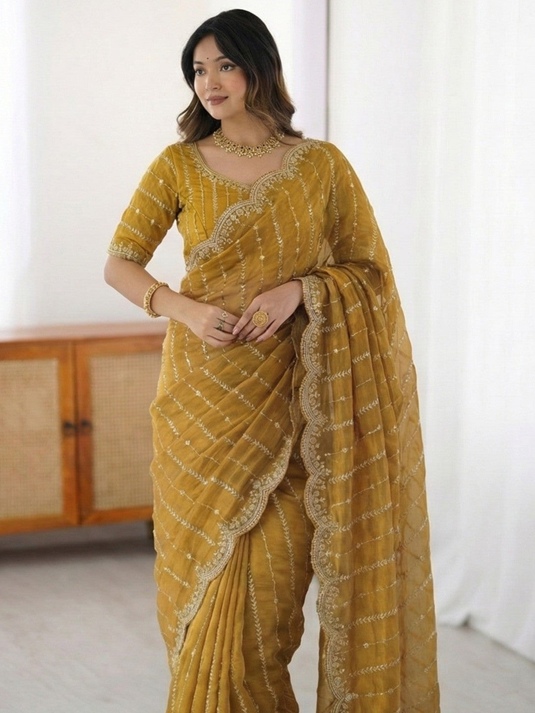 Peachmode Mustard Sequin Embroidered Dual Shade Satin Saree - Image 4