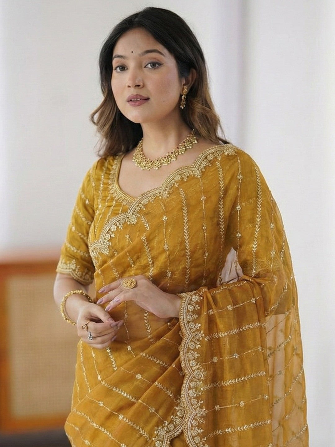 Peachmode Mustard Sequin Embroidered Dual Shade Satin Saree - Image 5