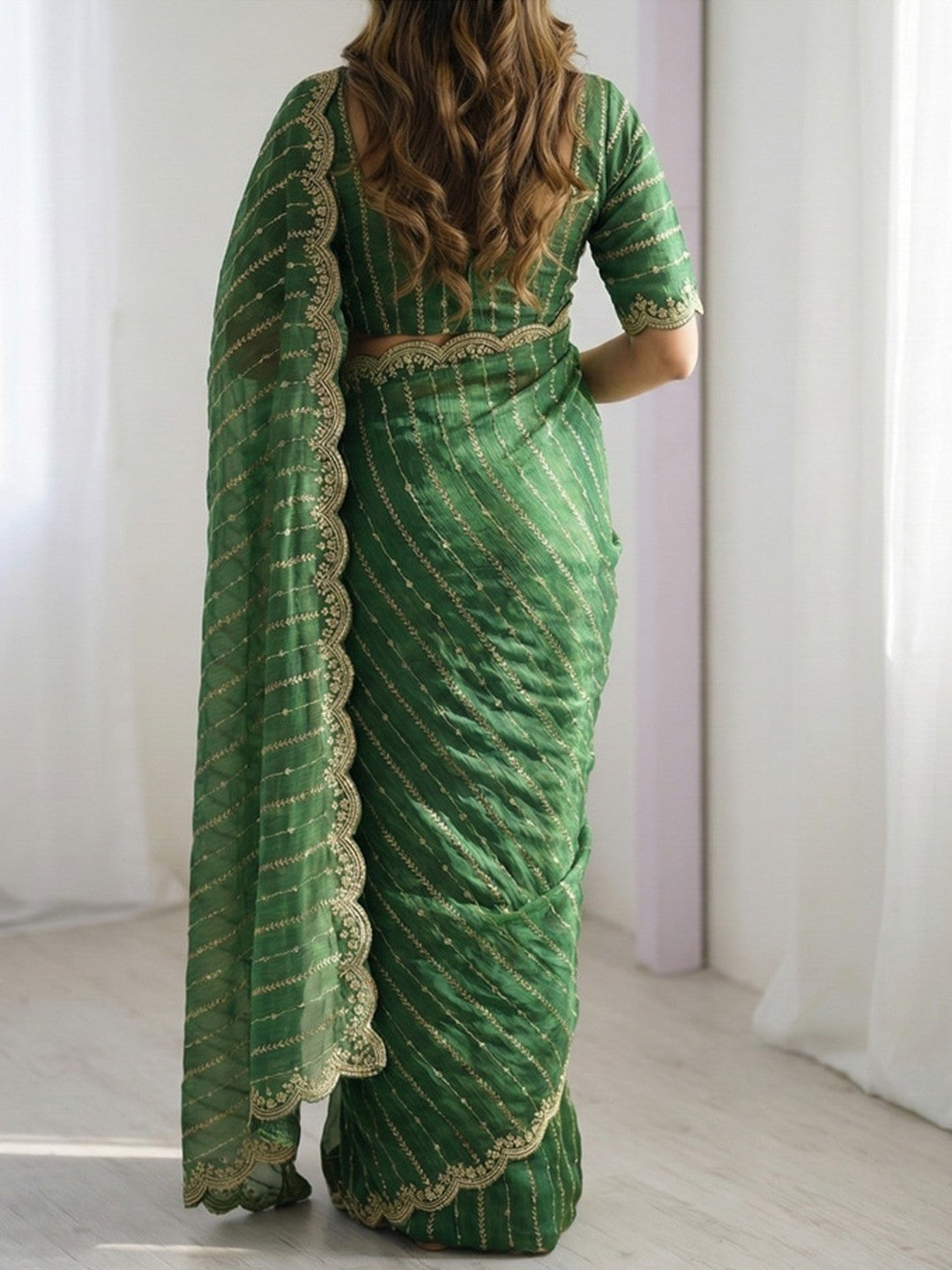 Peachmode Green Sequin Embroidered Dual Shade Satin Saree - Image 3