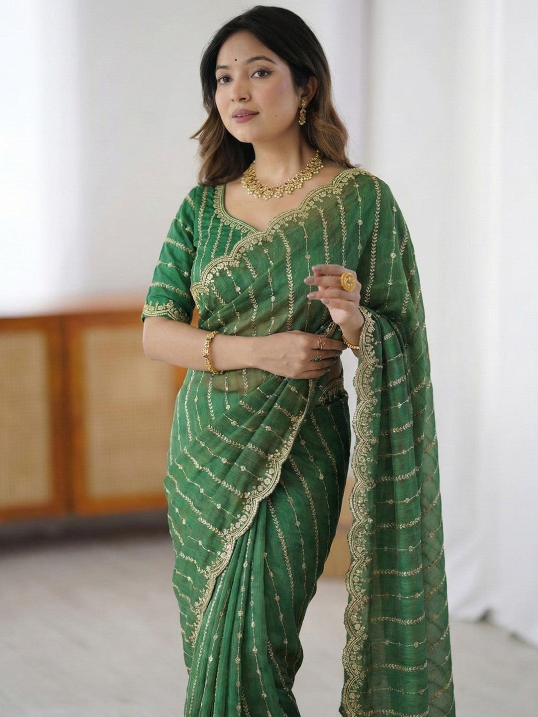 Peachmode Green Sequin Embroidered Dual Shade Satin Saree - Image 4
