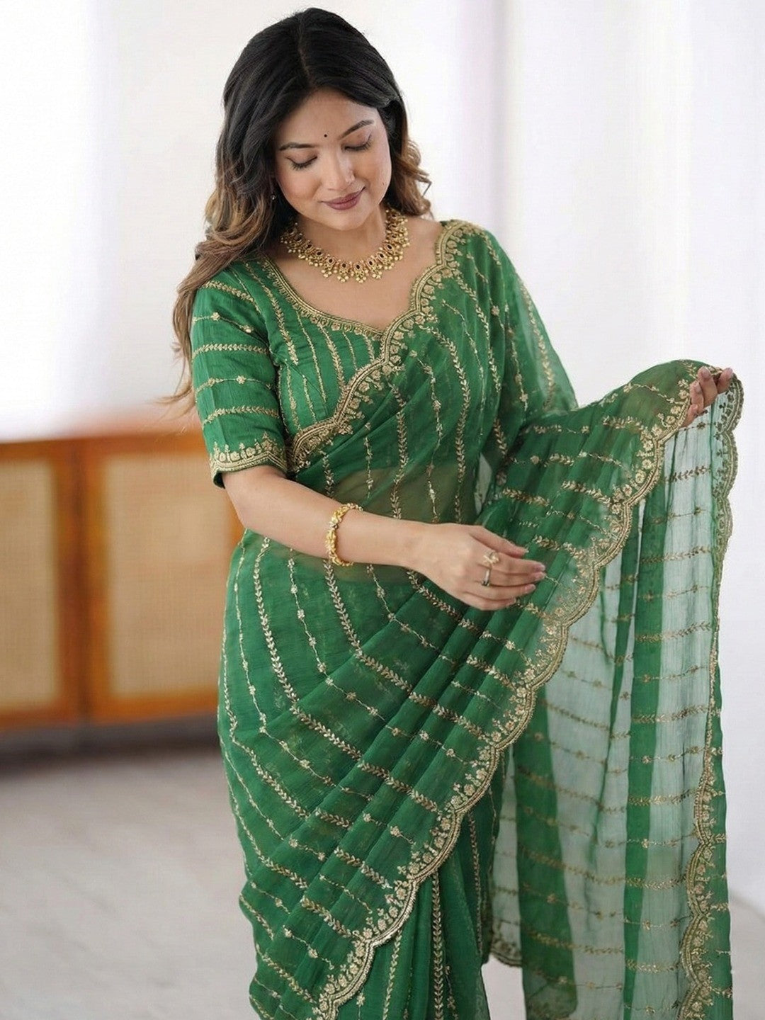 Peachmode Green Sequin Embroidered Dual Shade Satin Saree - Image 5
