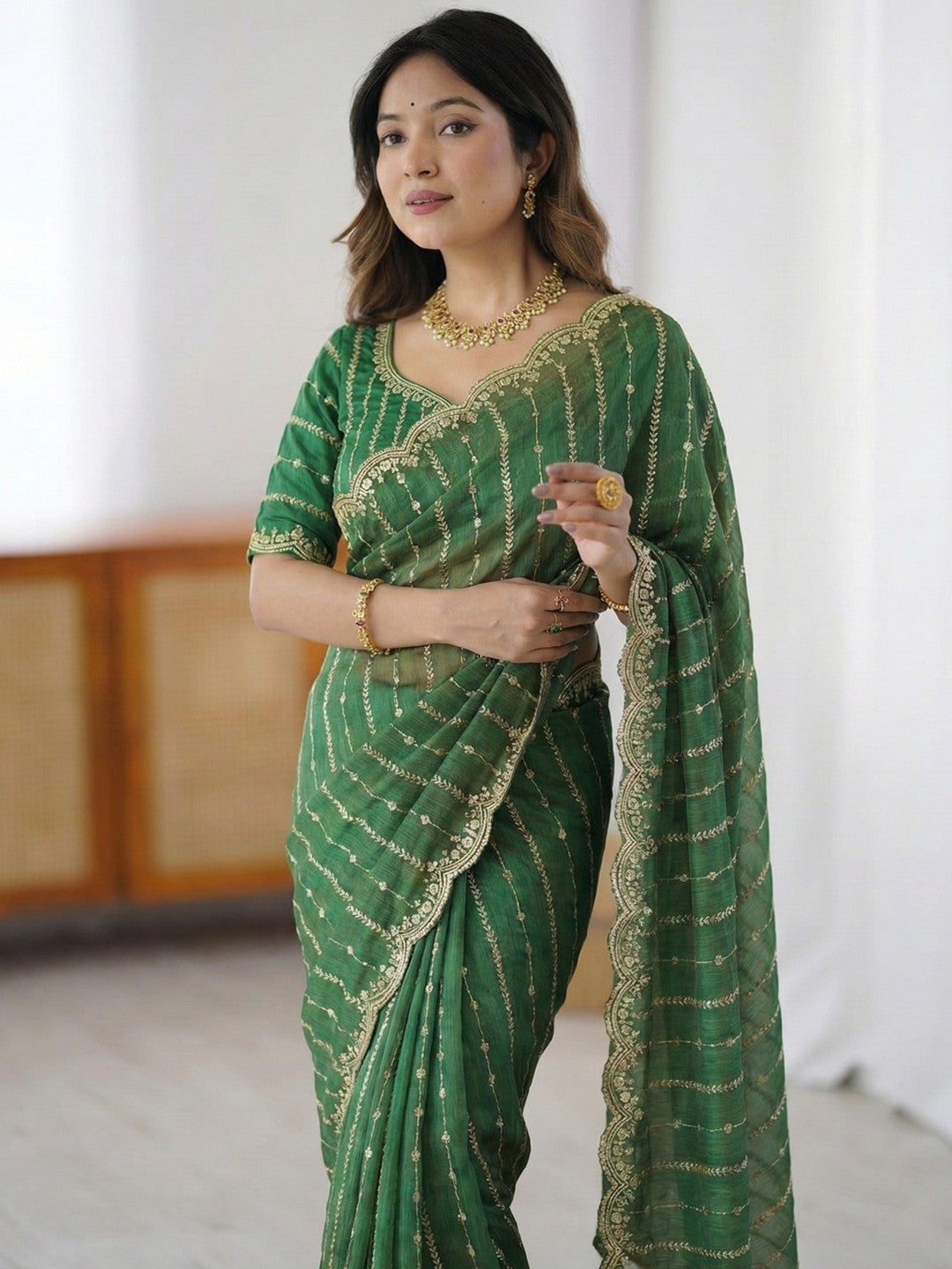 Peachmode Green Sequin Embroidered Dual Shade Satin Saree - Image 6