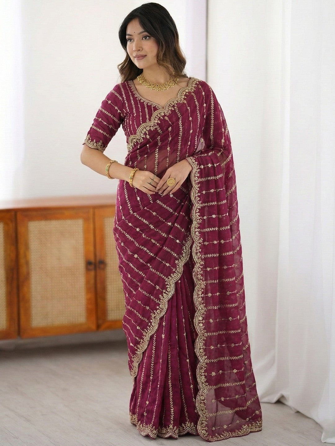 Peachmode Cherry Red Sequin Embroidered Dual Shade Satin Saree - Image 1