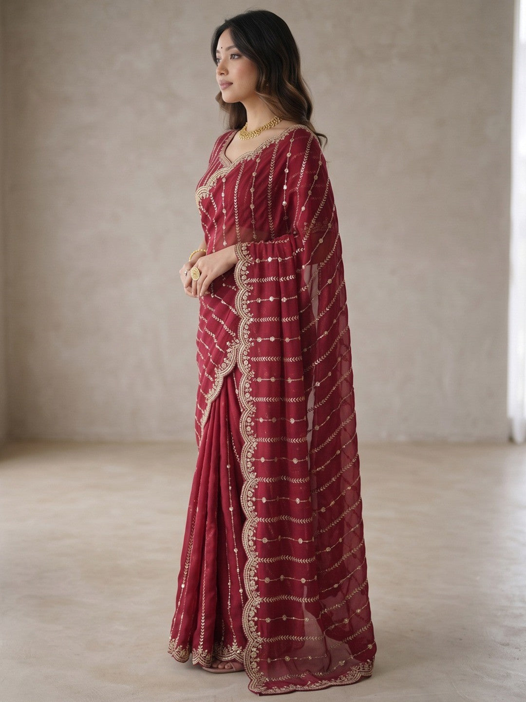 Peachmode Cherry Red Sequin Embroidered Dual Shade Satin Saree - Image 2