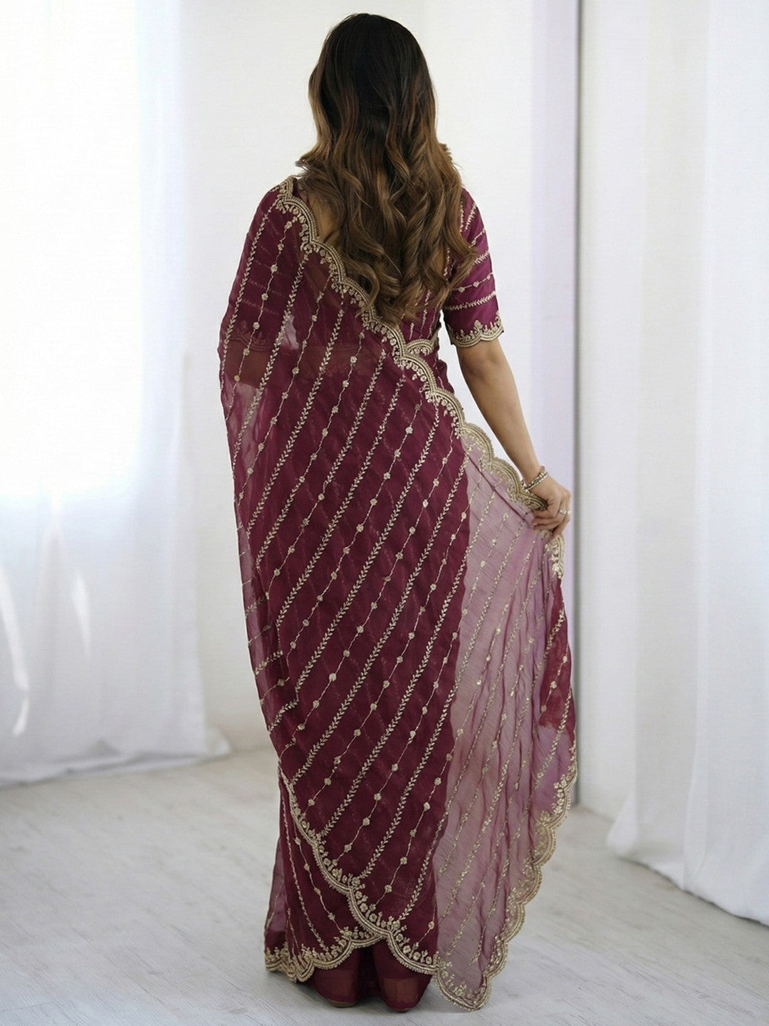 Peachmode Cherry Red Sequin Embroidered Dual Shade Satin Saree - Image 3