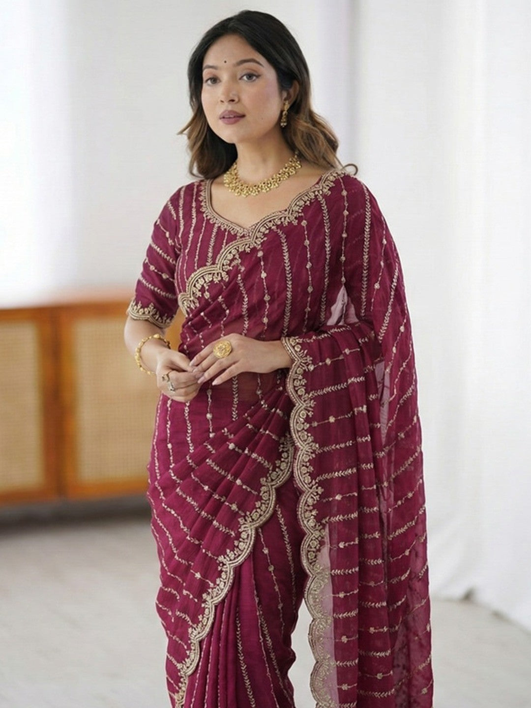 Peachmode Cherry Red Sequin Embroidered Dual Shade Satin Saree - Image 4