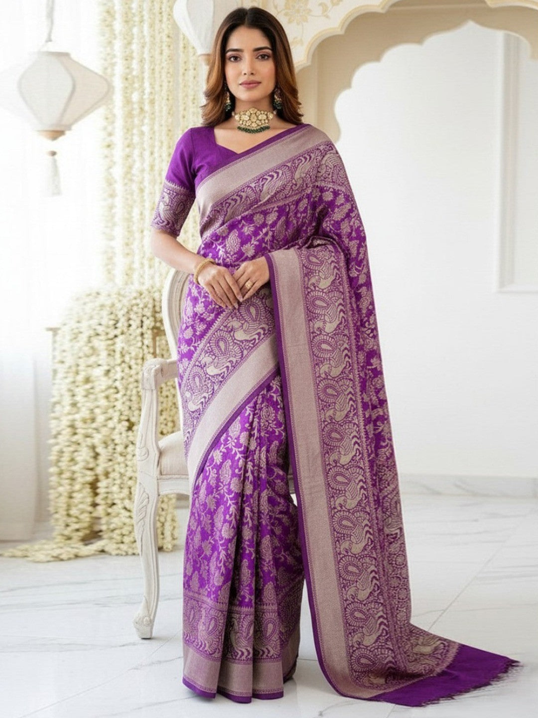 Peachmode Purple Jacquard Woven Kanchipuram Lichi Silk Saree - Image 1