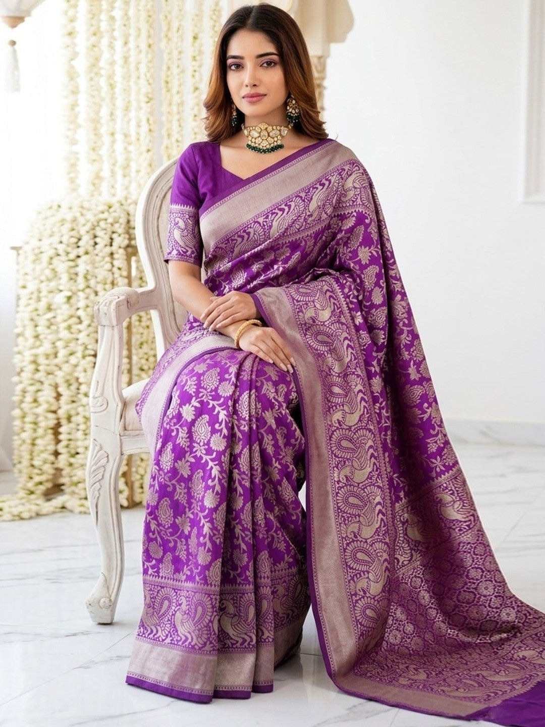 Peachmode Purple Jacquard Woven Kanchipuram Lichi Silk Saree - Image 3