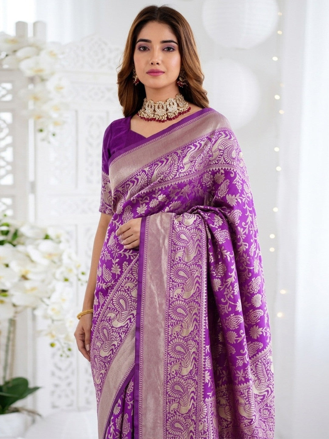Peachmode Purple Jacquard Woven Kanchipuram Lichi Silk Saree - Image 4