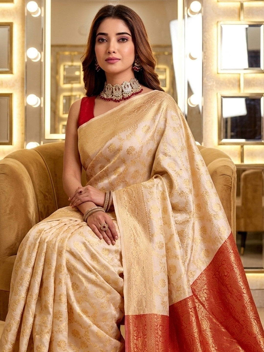 Peachmode Offwhite Red Jacquard Woven Kanchipuram Lichi Silk Saree - Image 2