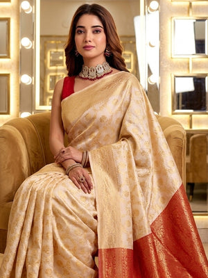 Peachmode Offwhite Red Jacquard Woven Kanchipuram Lichi Silk Saree - Image 2