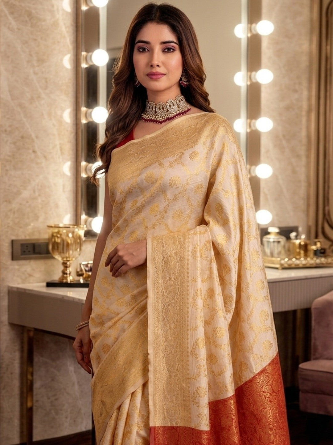 Peachmode Offwhite Red Jacquard Woven Kanchipuram Lichi Silk Saree - Image 3