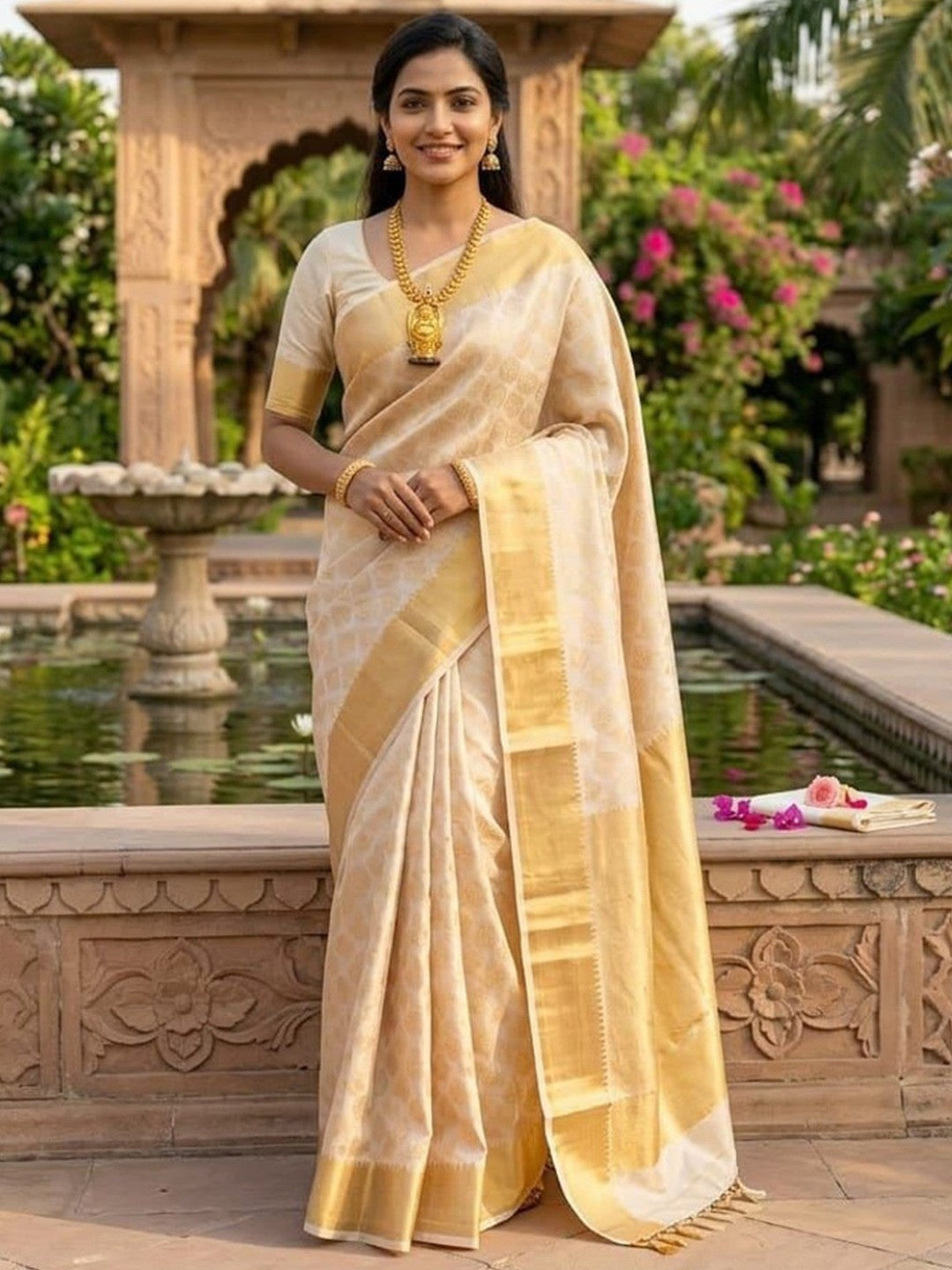 Peachmode Cream Zari Woven Kanjivaram Soft Silk Saree - Image 1