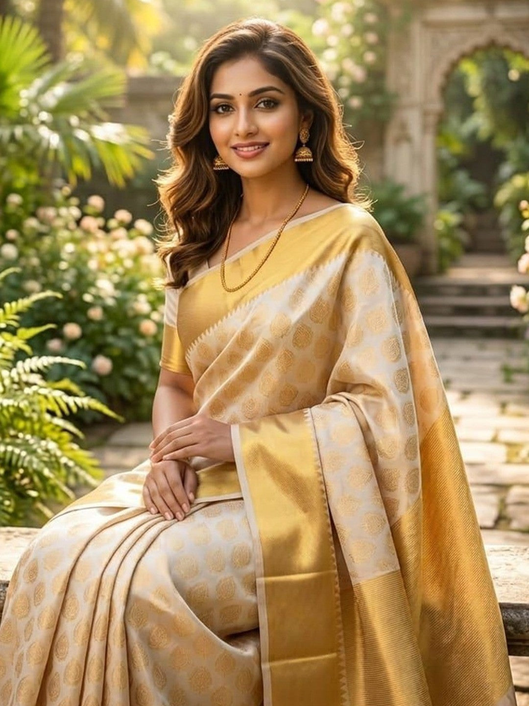 Peachmode Cream Zari Woven Kanjivaram Soft Silk Saree - Image 3