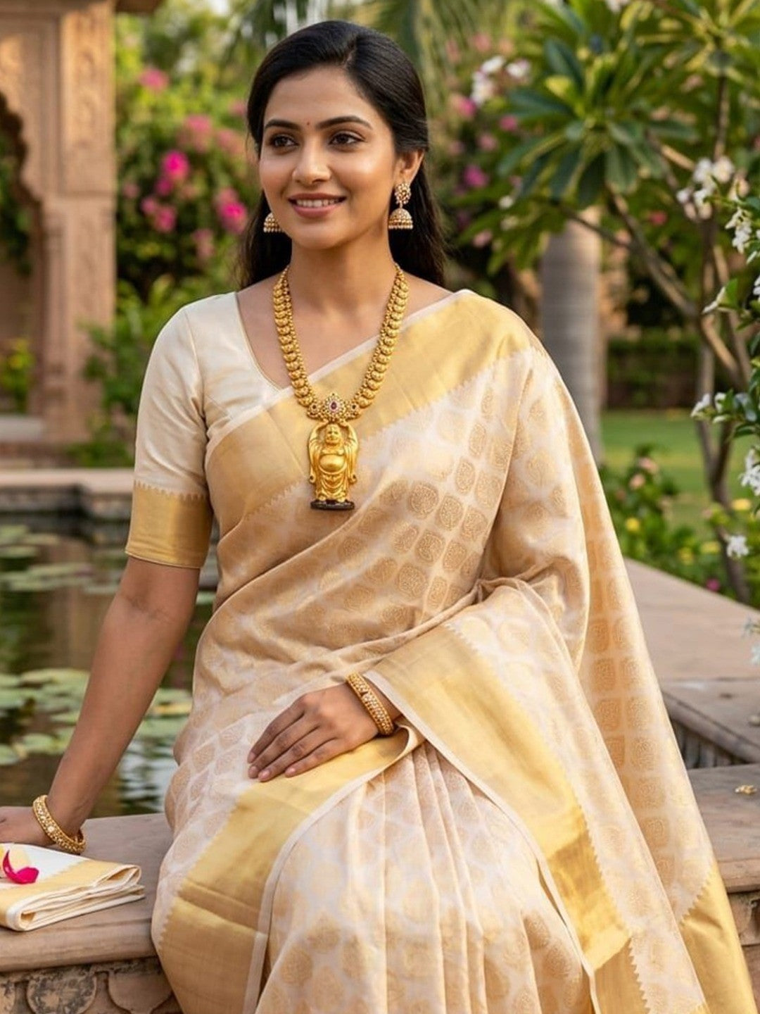 Peachmode Cream Zari Woven Kanjivaram Soft Silk Saree - Image 4