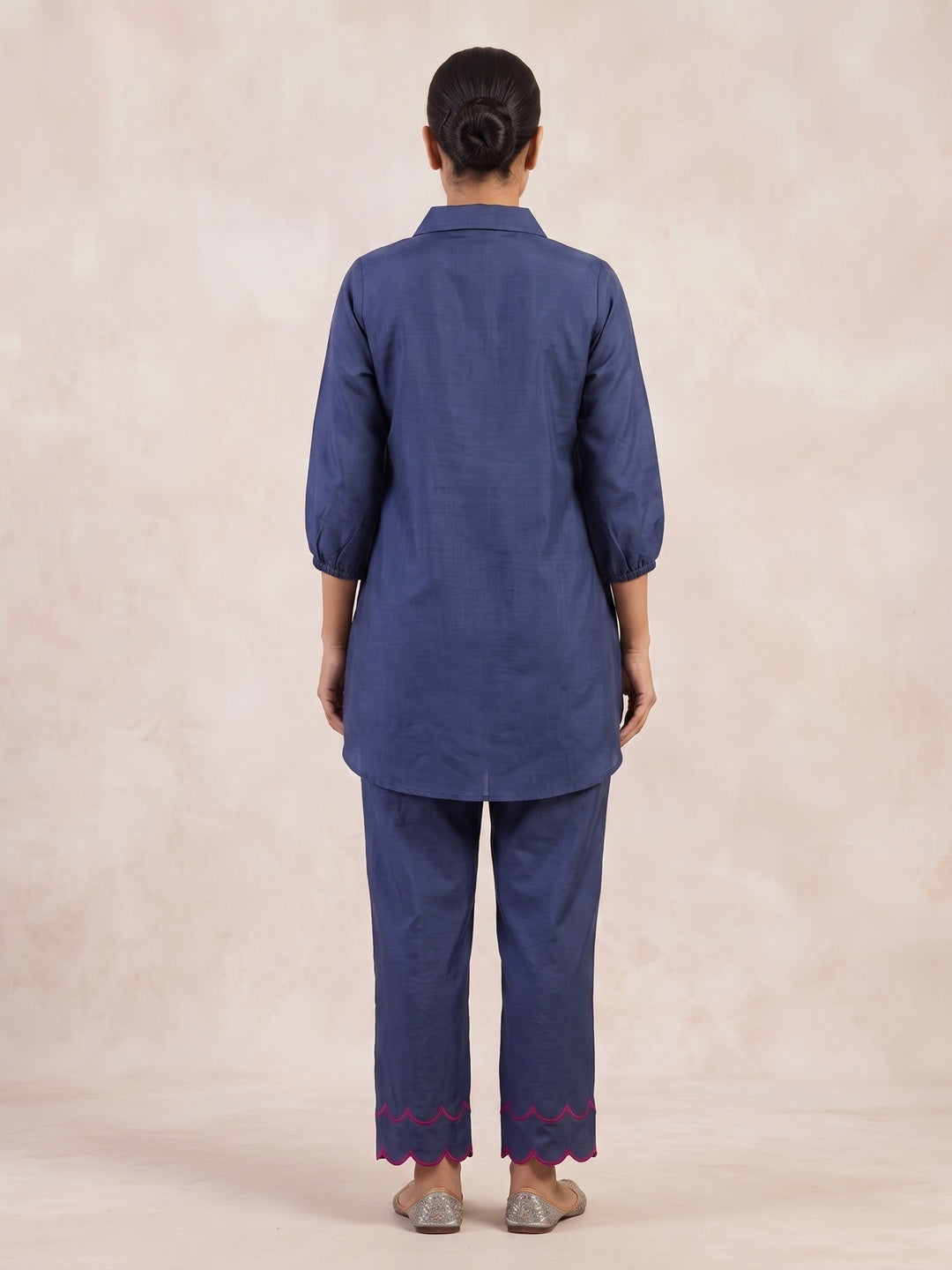 Peachmode Navy Blue Chanderi Blend Floral Embroidered Co-ord Set - Image 5