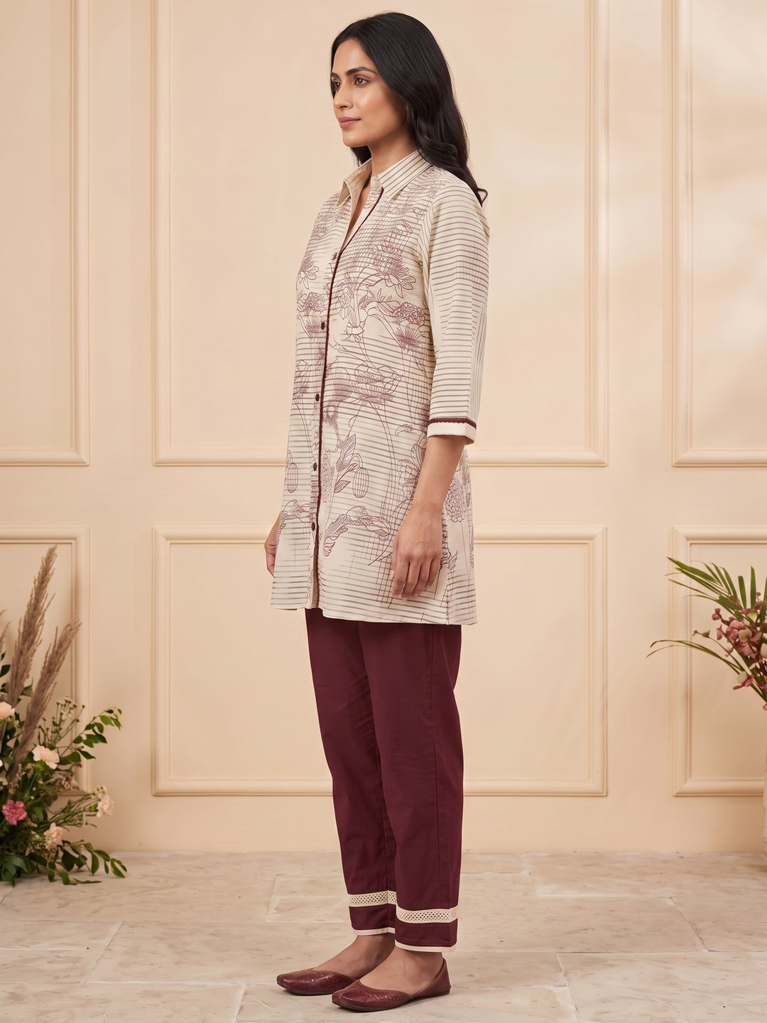 Peachmode Cream Pure Cotton Floral Printed Co-ord Set - Image 3