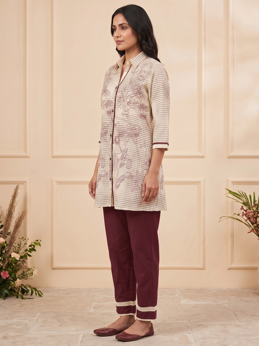 Peachmode Cream Pure Cotton Floral Printed Co-ord Set - Image 4