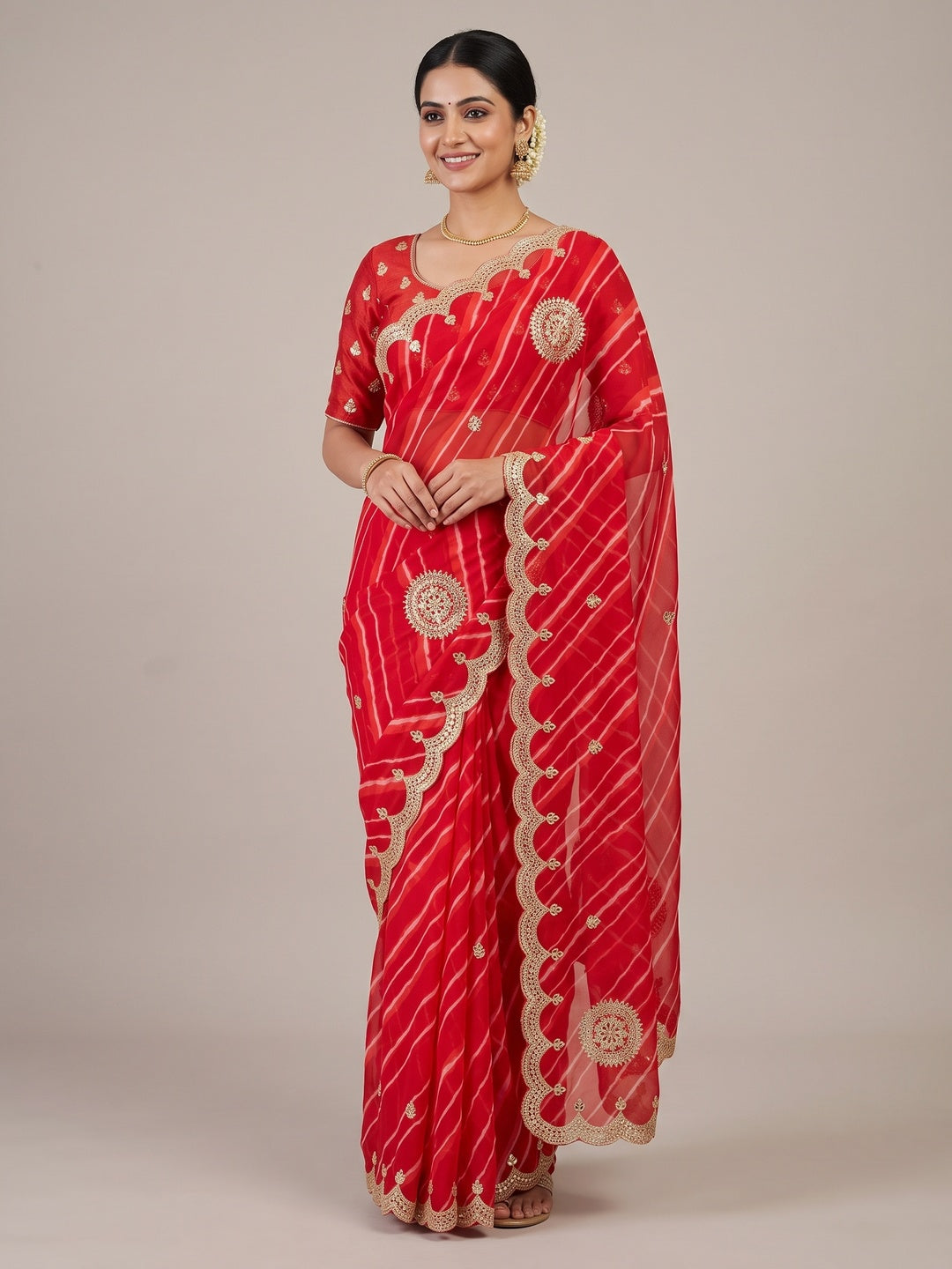 Peachmode Red Gota Work Georgette Saree - Image 1